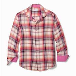Tommy Bahama Shirt Men XL Pink/Orange/White Pebble Bay Plaid Rayon L/S Button Up